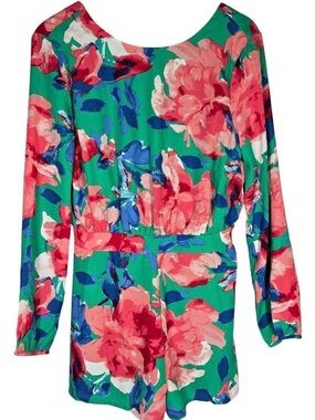 Lulu's Green Floral Long-Sleeve Romper with Pink & Blue Blooms